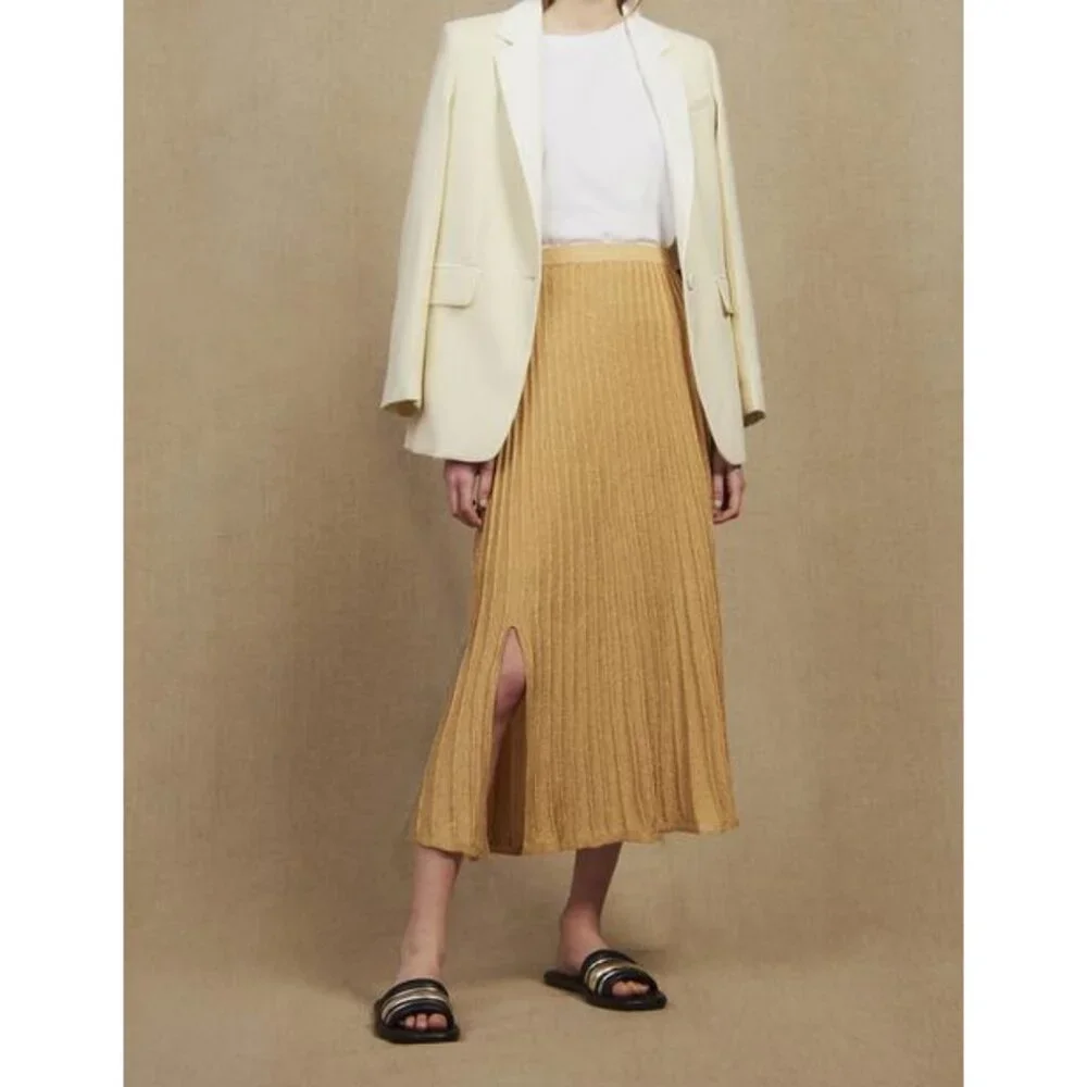 Sandro Emanuelle Metallic Knitted Midi Skirt Pleated High Rise Waisted Slit Gold - Picture 1 of 9